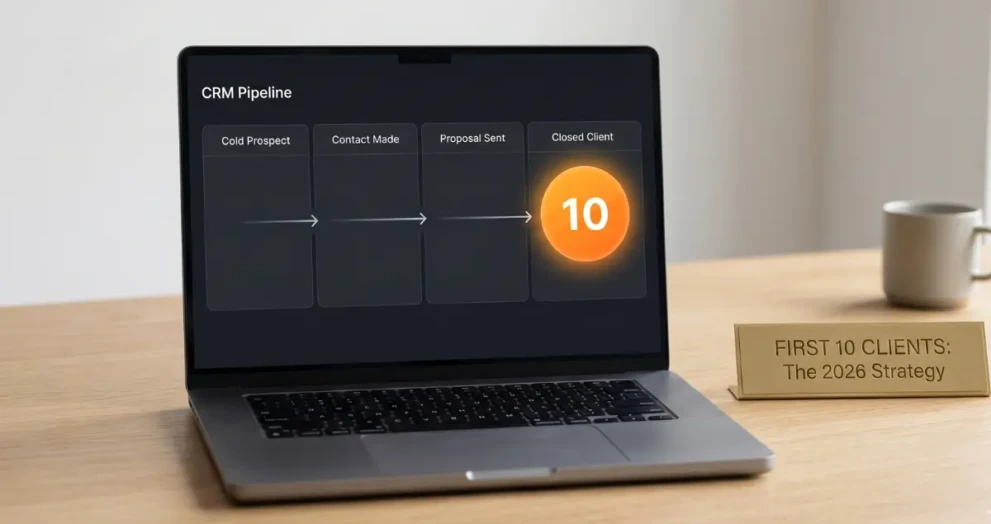 A digital CRM pipeline showing a successful first clients strategy in 2026.