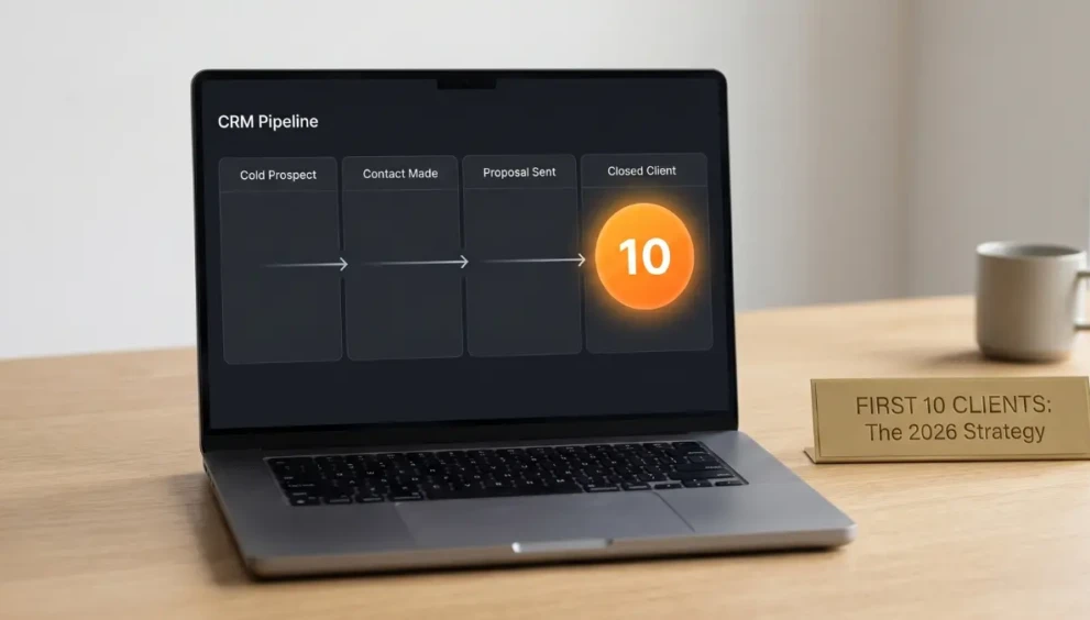 A digital CRM pipeline showing a successful first clients strategy in 2026.