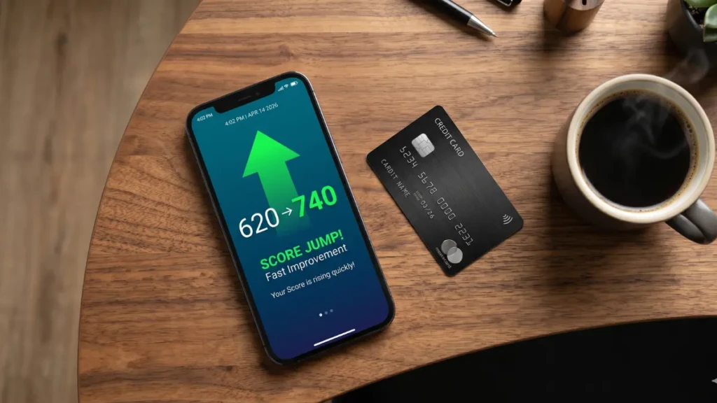 A smartphone app showing a fast credit score increase, representing how to improve credit score fast in 2026.