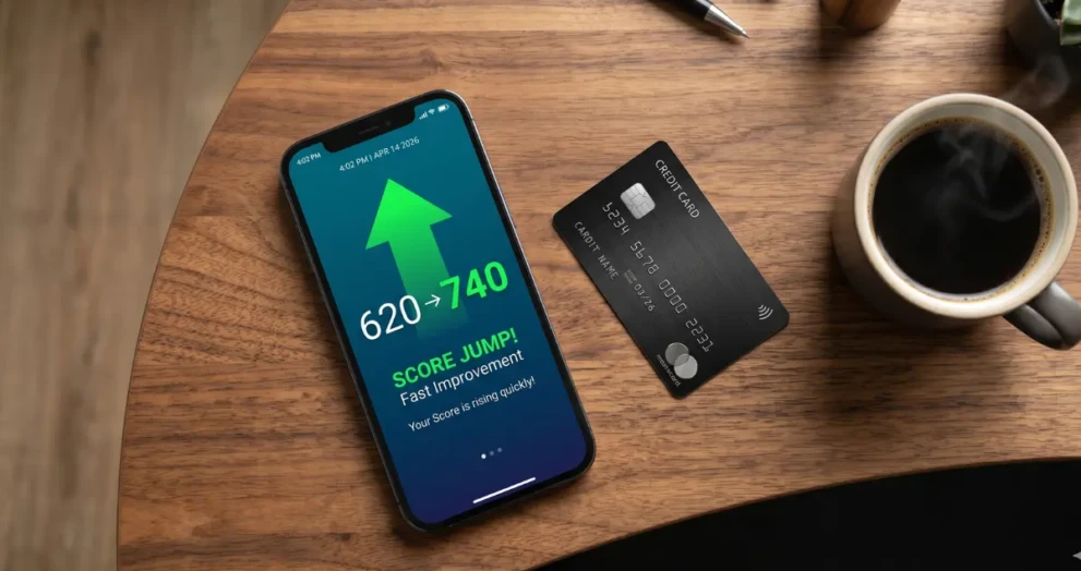 A smartphone app showing a fast credit score increase, representing how to improve credit score fast in 2026.