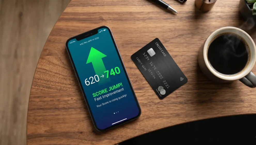 A smartphone app showing a fast credit score increase, representing how to improve credit score fast in 2026.