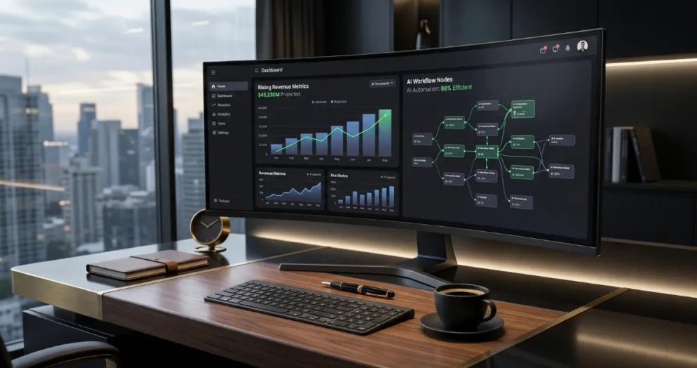 A premium digital workspace representing how to make money with AI and build predictable revenue systems in 2026.