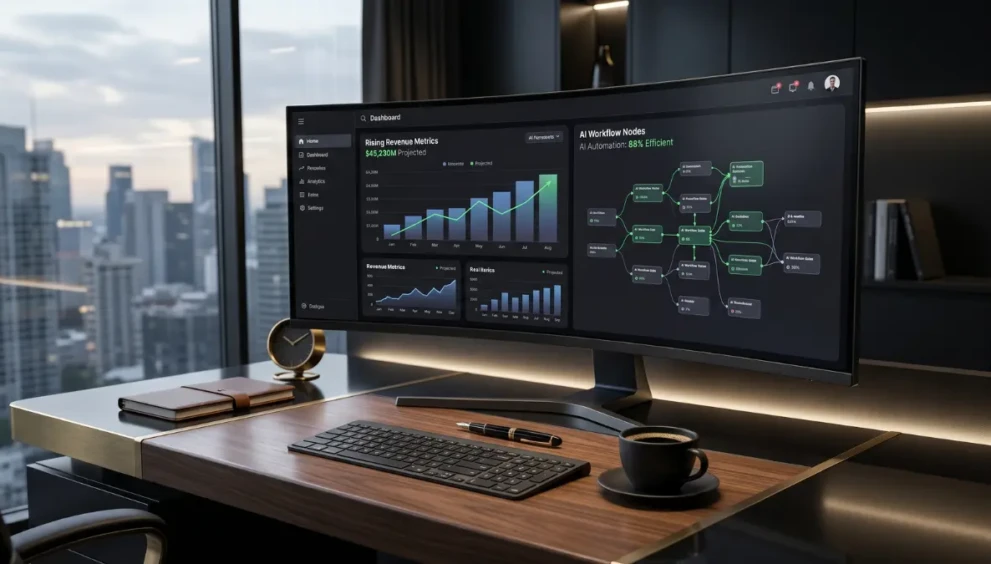 A premium digital workspace representing how to make money with AI and build predictable revenue systems in 2026.