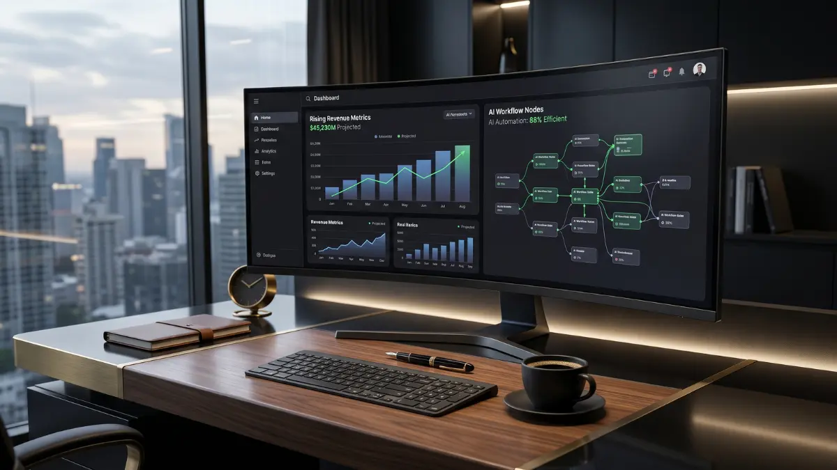 A premium digital workspace representing how to make money with AI and build predictable revenue systems in 2026.