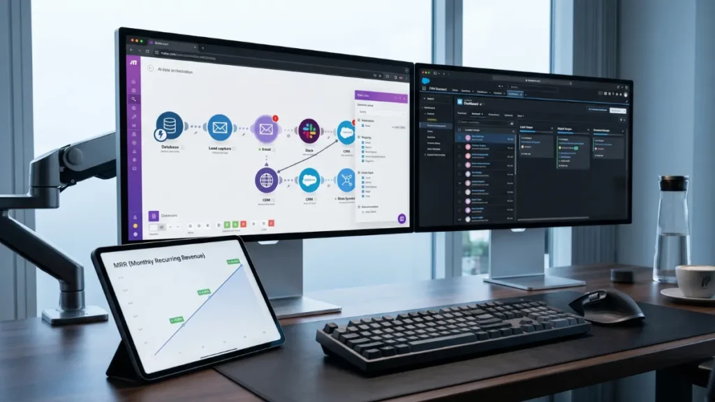 A high-tech workspace demonstrating how to make money with AI by building predictable revenue systems.