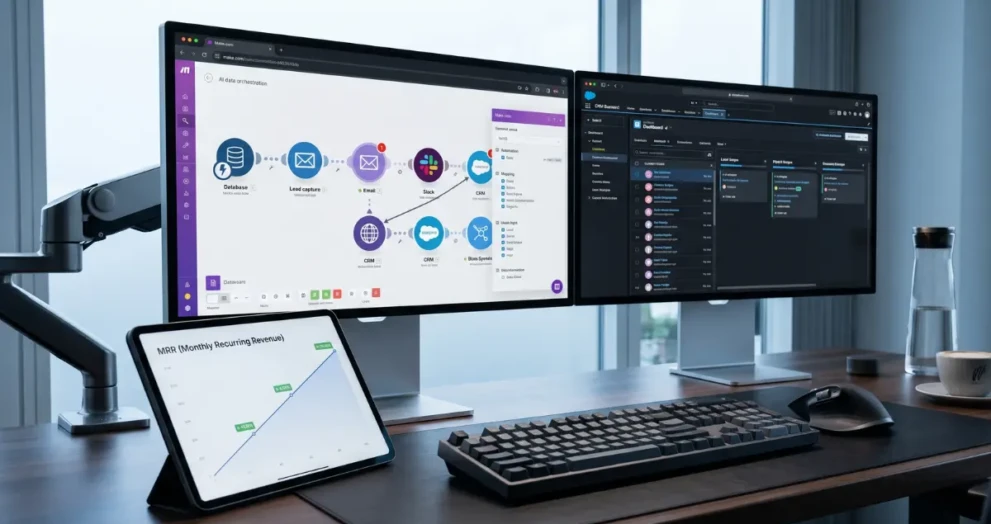 A high-tech workspace demonstrating how to make money with AI by building predictable revenue systems.
