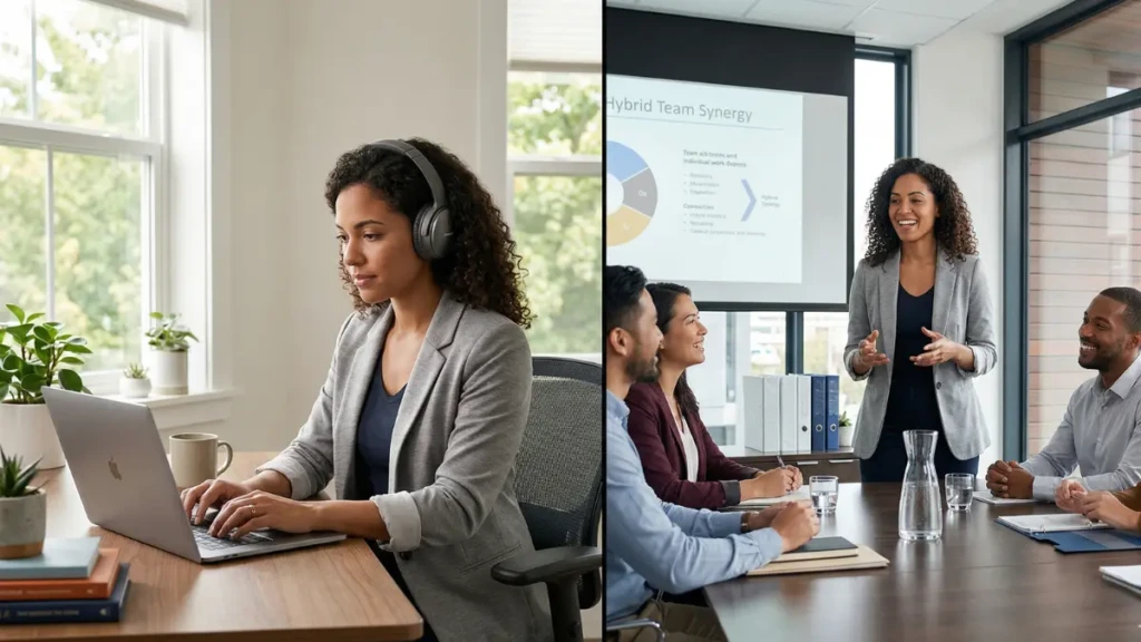 Professional demonstrating strong communication skills in a hybrid remote and office work environment.