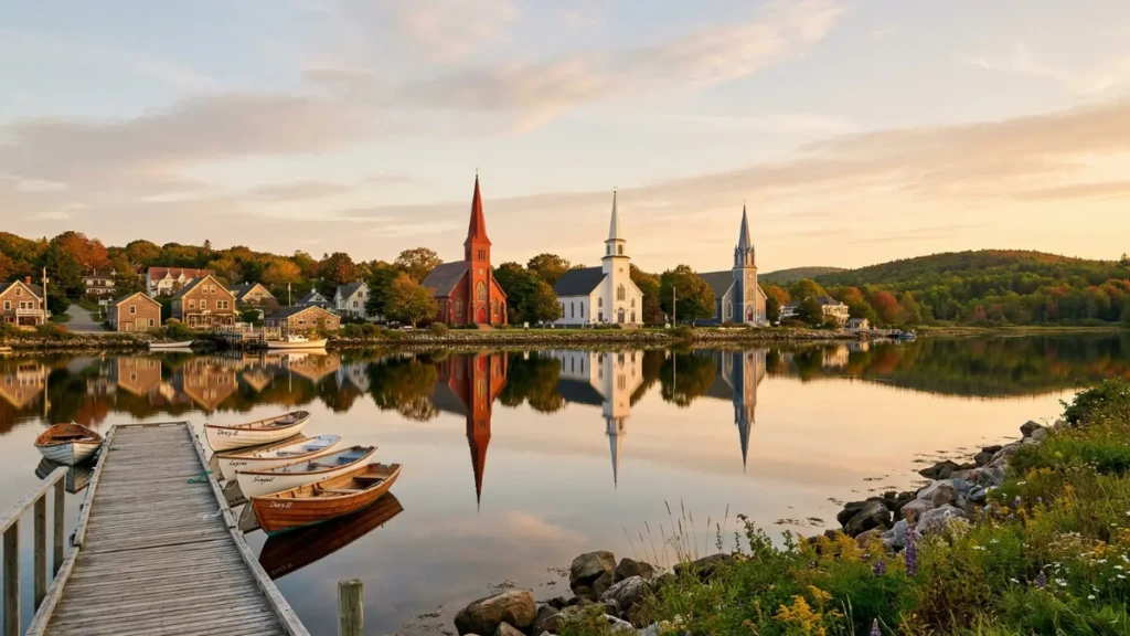 Iconic three churches of Mahone Bay, Nova Scotia, standing peacefully along the serene coastal shoreline of this charming small town in Canada during golden hour.