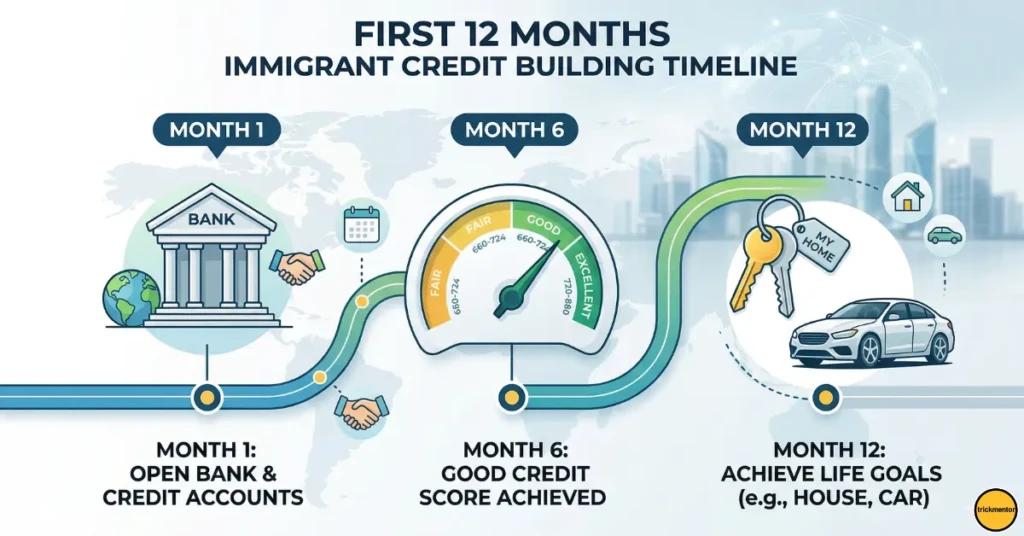  A 12 month timeline showing the journey of building a credit score from scratch for immigrants.