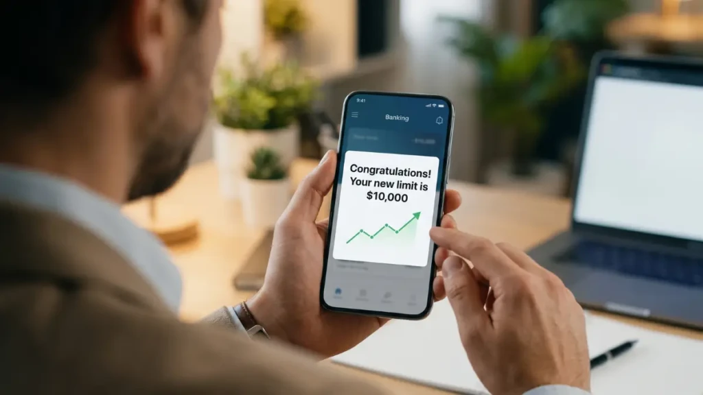 Using a mobile banking app to request a soft-pull credit limit increase to improve credit score quickly.