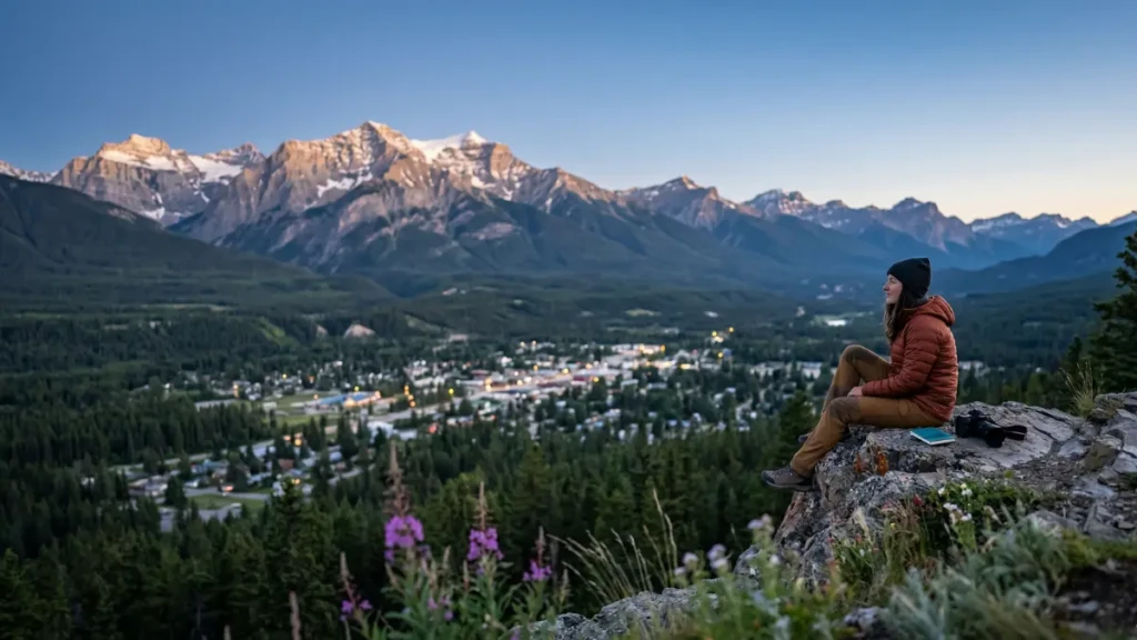 A wide-angle landscape photograph of Jasper, Alberta, showing a solitary female traveler sitting on a foreground rock ledge looking towards the massive Rocky Mountain peaks at twilight, illustrating the connection between the small town and the surrounding wilderness and dark skies for stargazing.