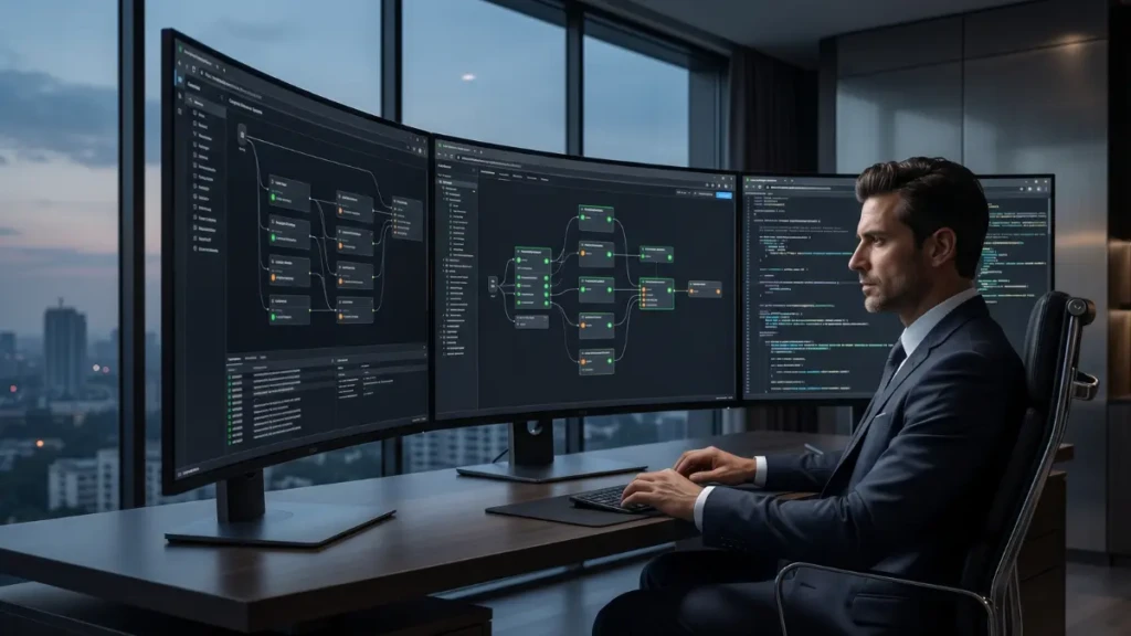 An AI systems architect managing automated workflows, representing jobs safe from AI in 2026.