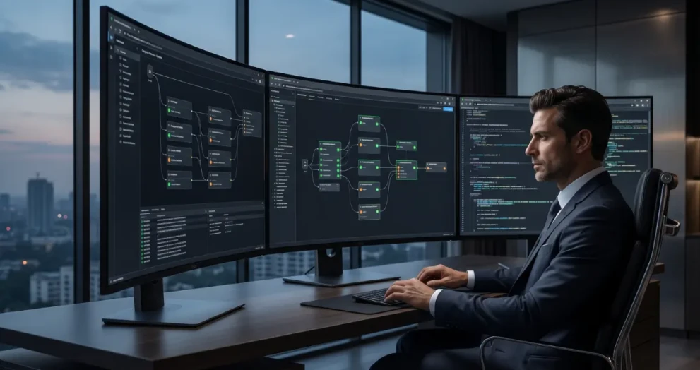 An AI systems architect managing automated workflows, representing jobs safe from AI in 2026.