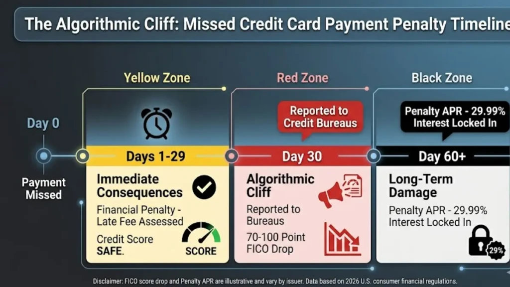 Timeline infographic showing when a missed credit card payment impacts your credit score.