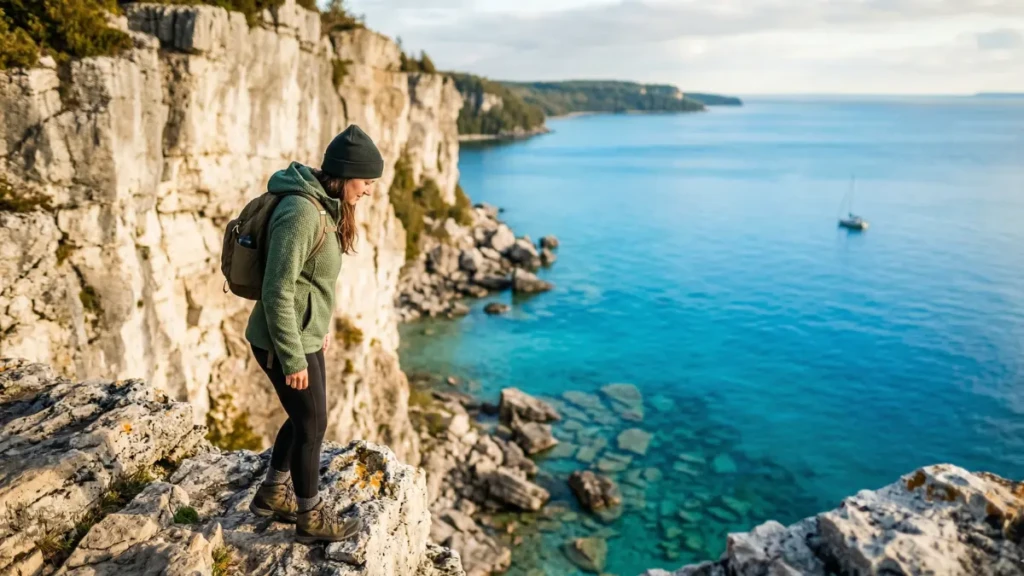 The turquoise waters and limestone cliffs of Lion's Head Provincial Park in Ontario, featuring a lone hiker peering down into Georgian Bay.