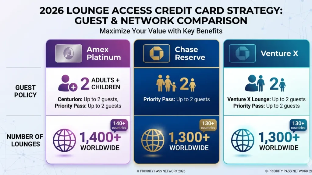 Infographic comparing guest policies for major airport lounge credit cards in 2026.