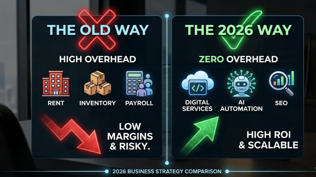 Infographic comparing traditional high-overhead business models with 2026 low investment business ideas.