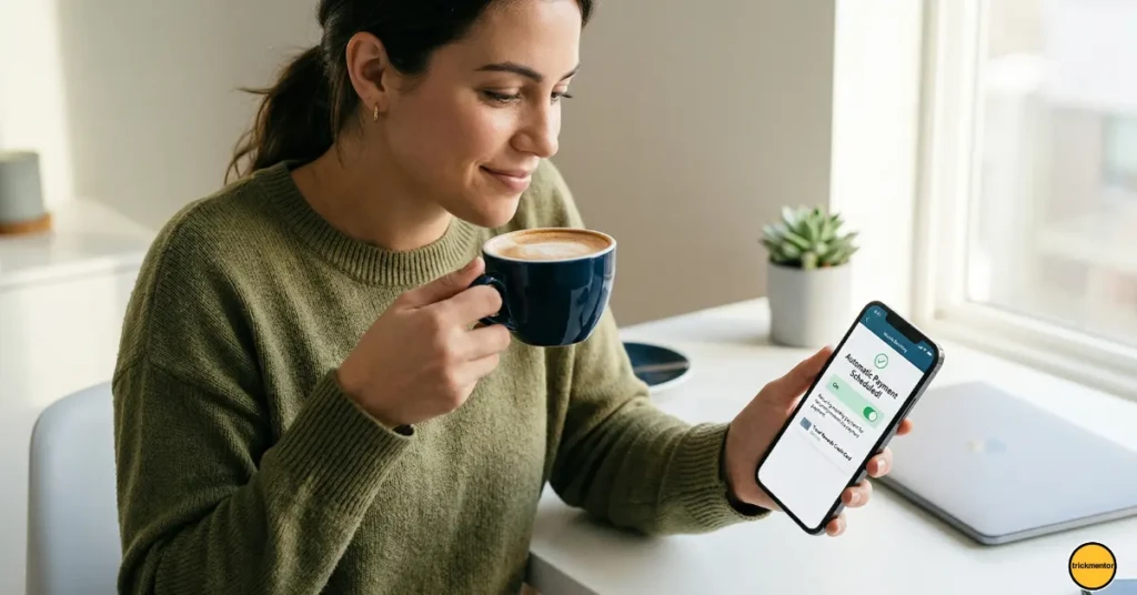 Person setting up automatic credit card payments on their phone to build a strong credit history.