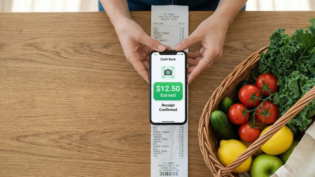 Person using a smartphone to scan a grocery receipt to maximize cash-back app rewards.