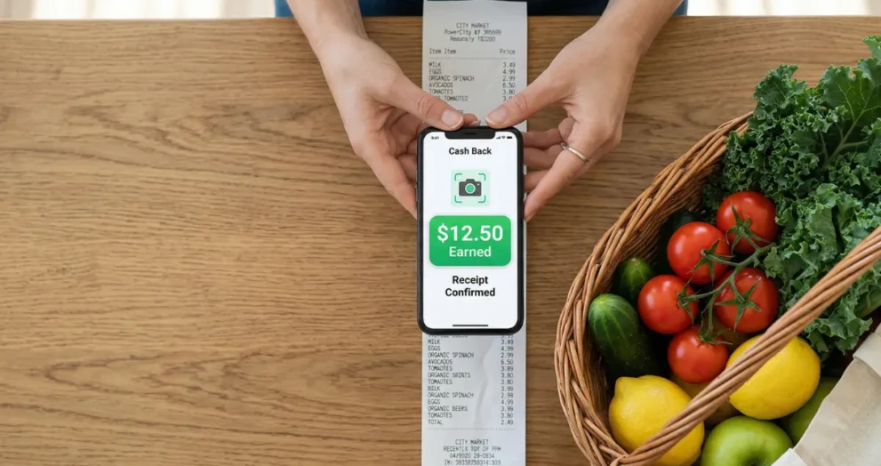 Person using a smartphone to scan a grocery receipt to maximize cash-back app rewards.