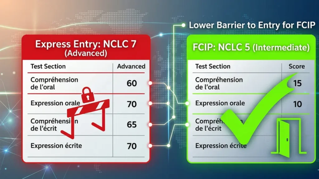 Comparing the NCLC 5 French language requirement for FCIP versus standard Express Entry requirements.