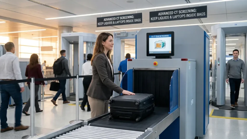  Modern CT scanners at airport security allowing travelers to keep liquids in their carry-on bags.