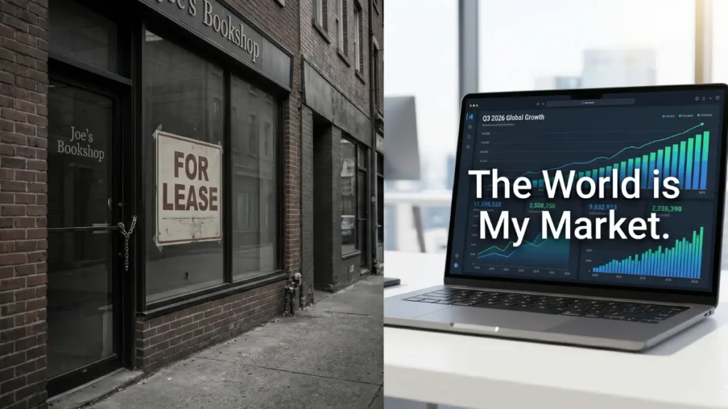 A visual comparison of an offline physical business versus a scalable online business in 2026.