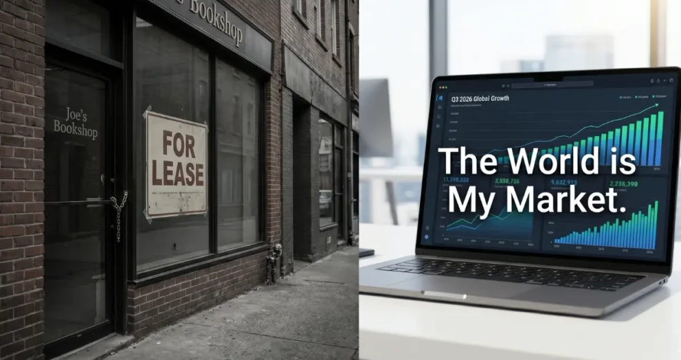 A visual comparison of an offline physical business versus a scalable online business in 2026.