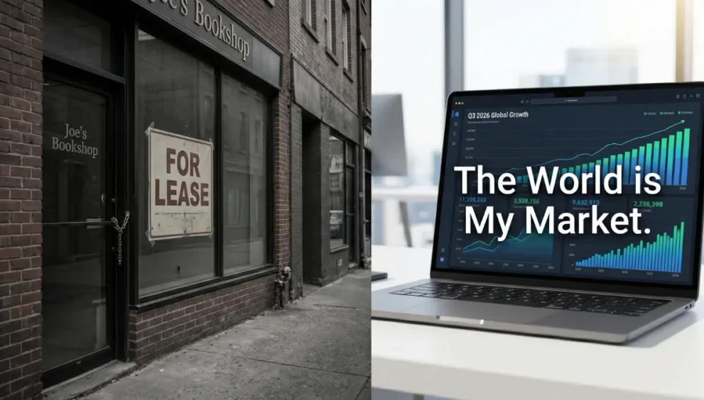 A visual comparison of an offline physical business versus a scalable online business in 2026.