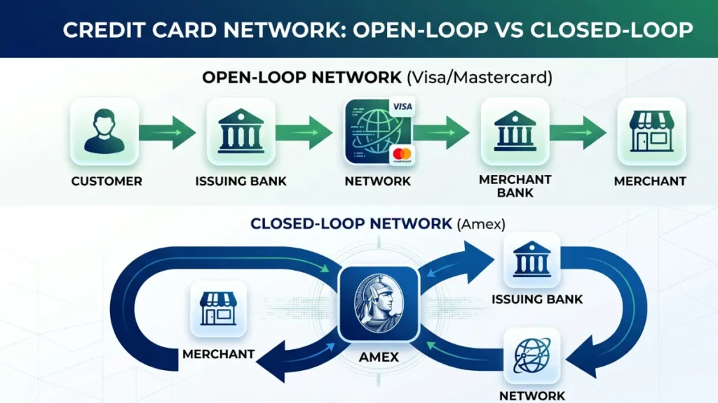 Infographic explaining the difference between closed loop Amex and open loop Visa networks.