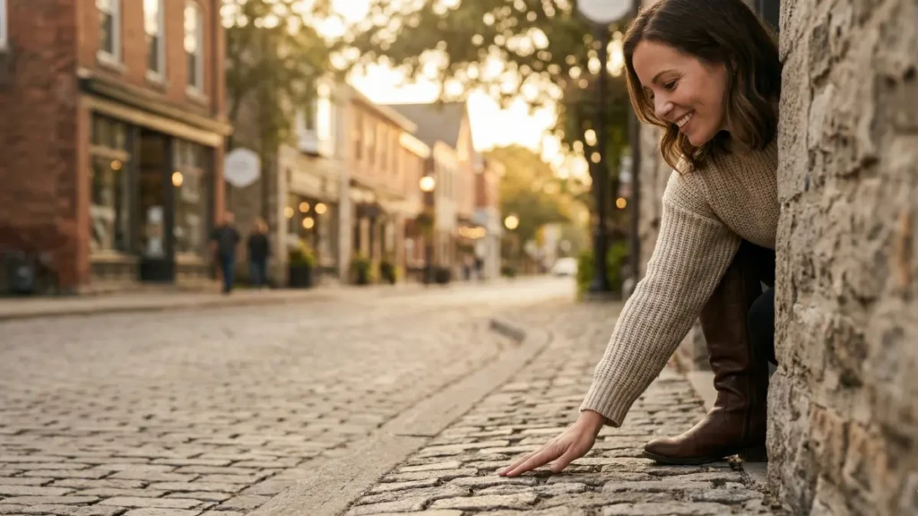 A female traveler discovering the unique texture of a historic cobblestone wall in downtown Paris, Ontario, during golden hour.