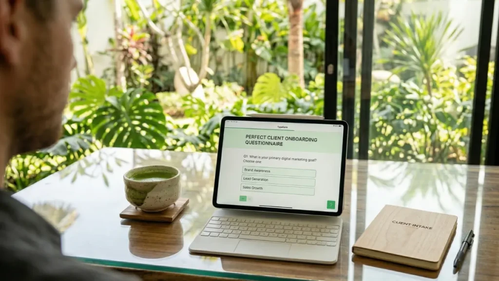 An iPad displaying a streamlined digital marketing client onboarding form.