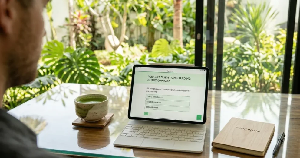 An iPad displaying a streamlined digital marketing client onboarding form.