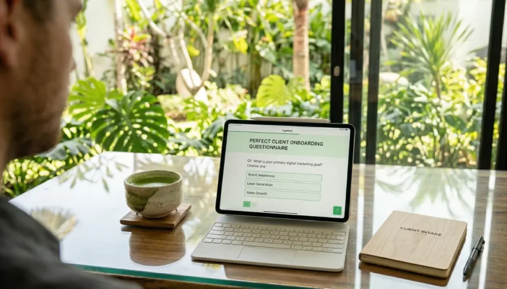 An iPad displaying a streamlined digital marketing client onboarding form.