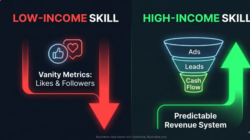 Infographic comparing low-income vanity metrics with high income skills like performance marketing.