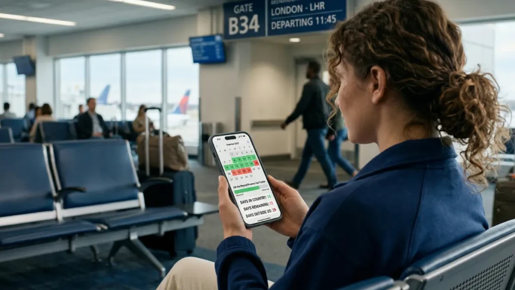A digital nomad tracking their international travel days at an airport gate to qualify for the physical presence test.