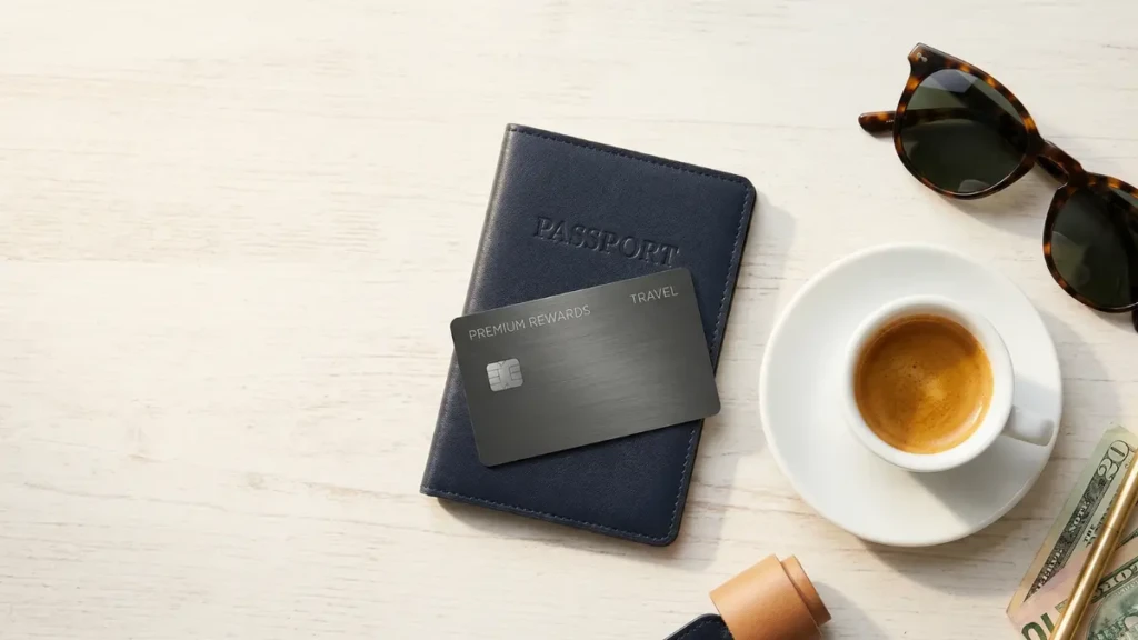 A passport, premium travel credit card, and sunglasses representing the strategy to afford luxury travel on a budget.