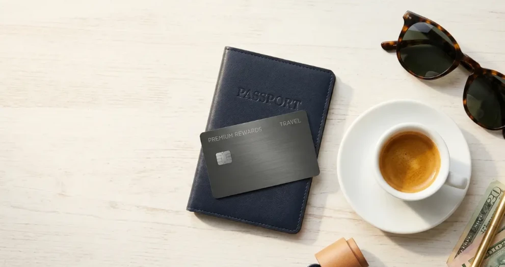 A passport, premium travel credit card, and sunglasses representing the strategy to afford luxury travel on a budget.