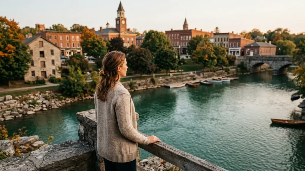 A thoughtful woman in a textured cardigan stands on a weathered riverbank looking across the Ganaraska River at the charming red brick heritage downtown of Port Hope, Ontario, with its iconic clock tower during golden hour.
