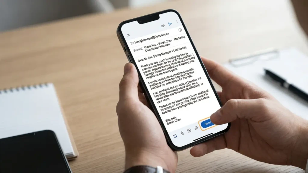  Sending a professional thank you email to a hiring manager after a Canadian job interview.