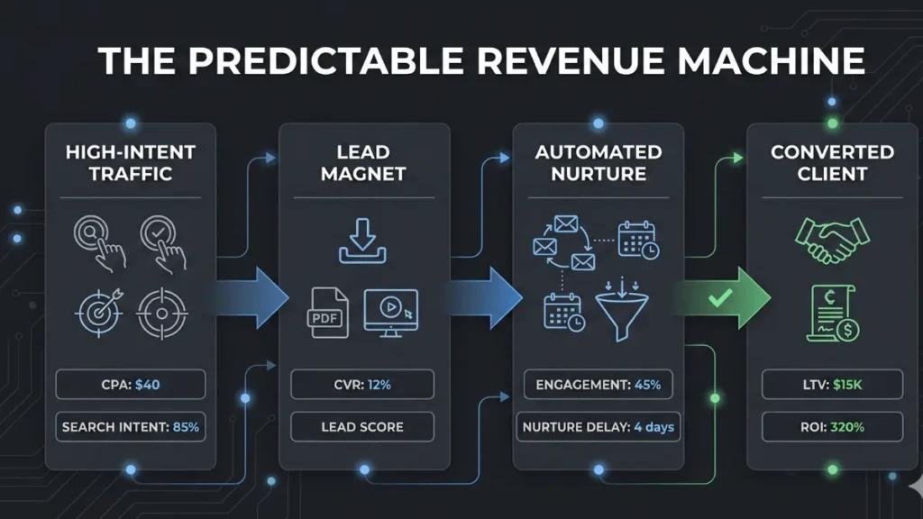 : Flowchart demonstrating a predictable revenue system and small business strategy for 2026.