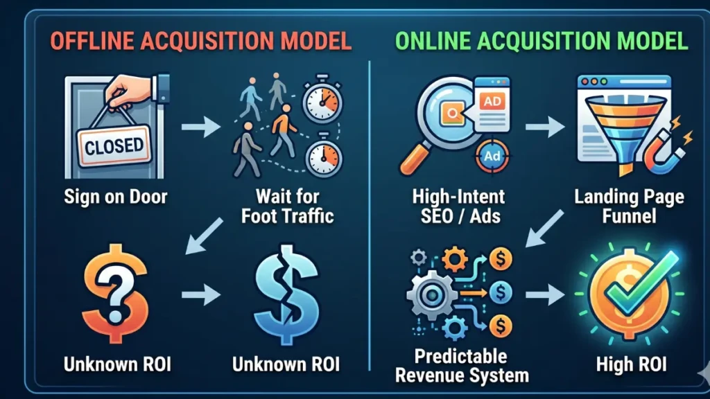 Infographic showing the superiority of an online predictable revenue system over offline foot traffic.