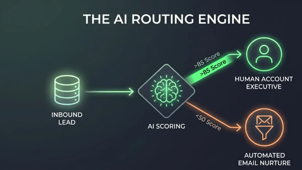 Flowchart showing how predictive AI lead scoring automatically routes B2B sales leads.