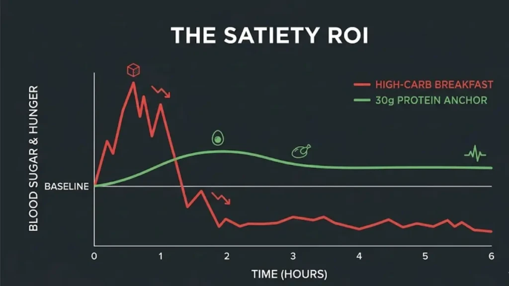 Infographic demonstrating how a high-protein breakfast stabilizes blood sugar for sustainable weight loss at home.