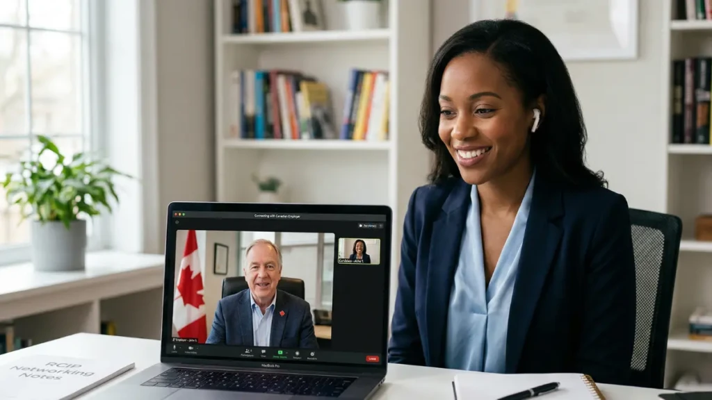 A candidate having a successful video interview with an RCIP designated employer in Canada.