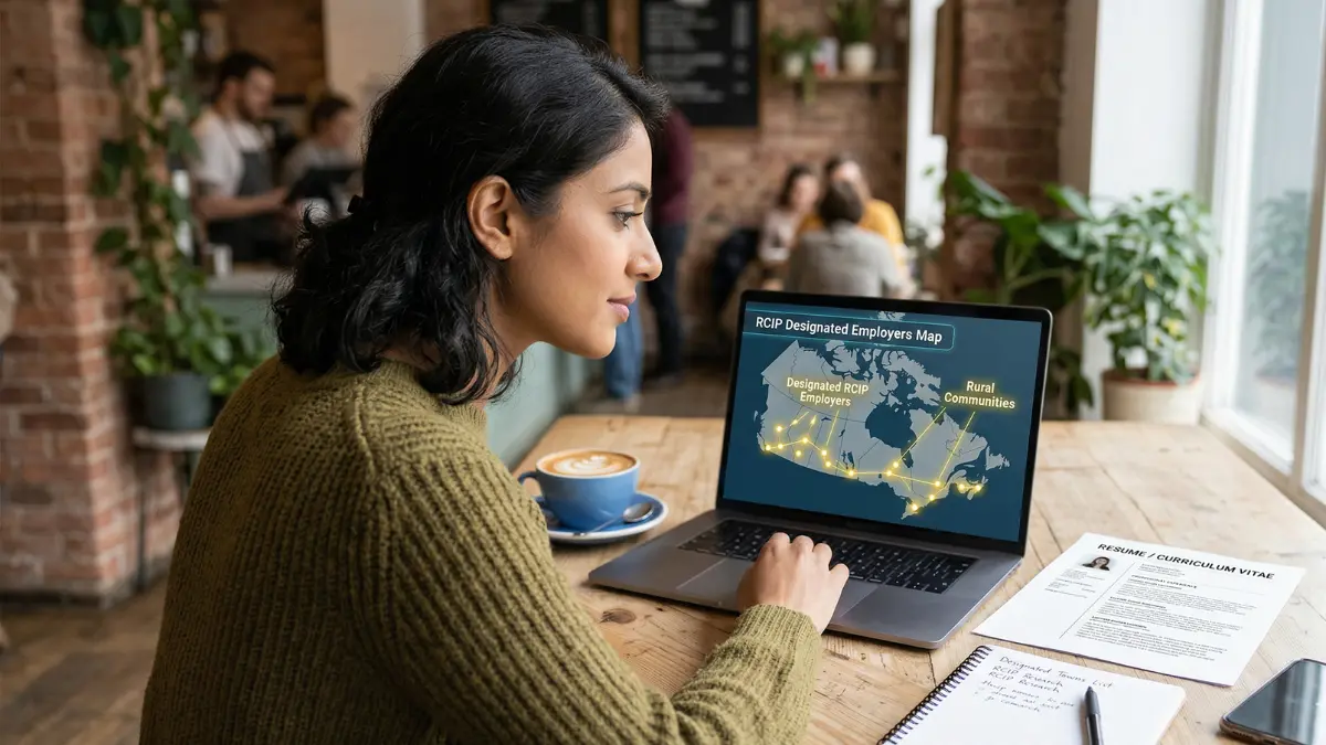 A prospective immigrant researching RCIP designated employers and rural communities in Canada on a laptop.