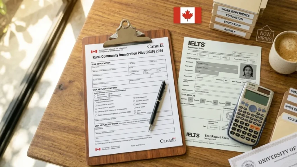 A desk showing the required documents and language test results to meet the RCIP eligibility criteria for 2026.