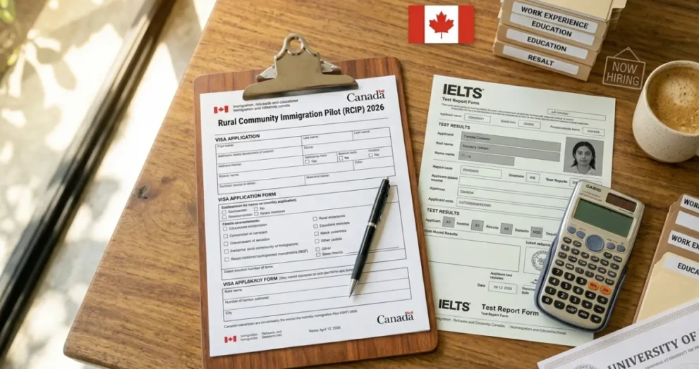 A desk showing the required documents and language test results to meet the RCIP eligibility criteria for 2026.