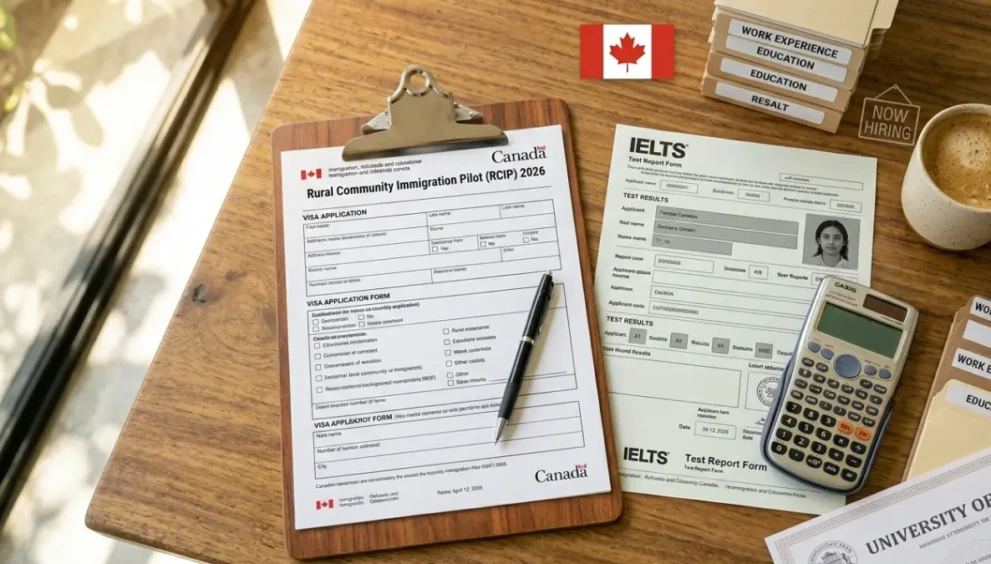 A desk showing the required documents and language test results to meet the RCIP eligibility criteria for 2026.