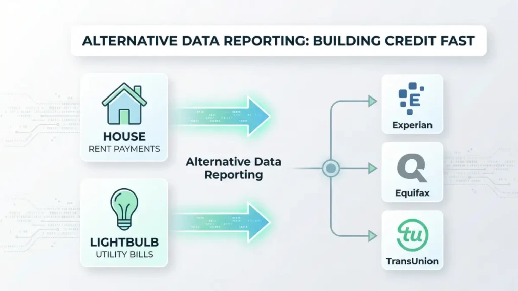 Infographic showing how reporting rent and utility bills helps build credit from scratch fast.